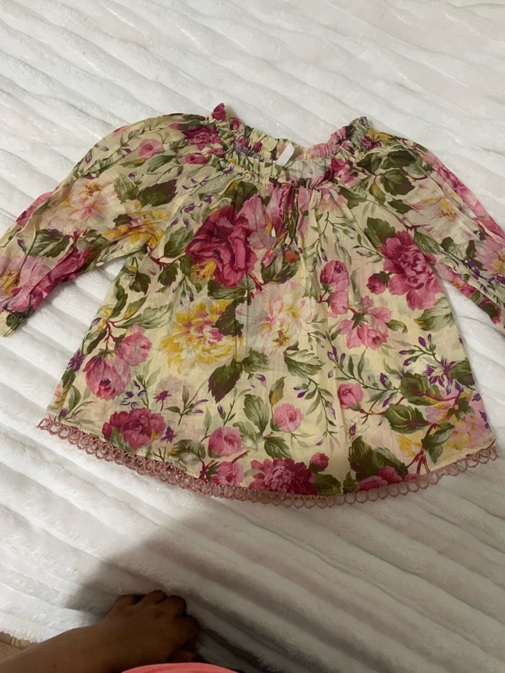 Zimmermann Cream Floral Ruffle Long-Sleeve Girls Blouse